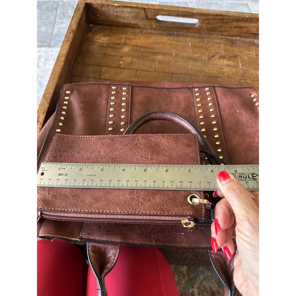 Dasein Brown Vegan Leather Studded Tote Bag Satchel with Matching Pouch Gold EUC - Picture 4 of 16